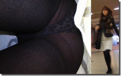 冬服でパンチラ！黒パンスト・黒タイツのパンツ逆さ撮り画像 ①