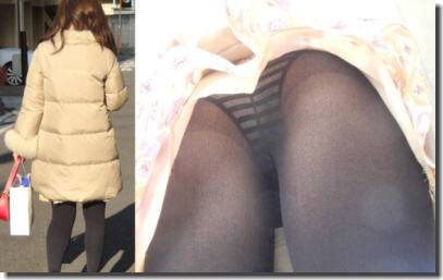 冬服でパンチラ！黒パンスト・黒タイツのパンツ逆さ撮り画像 ②