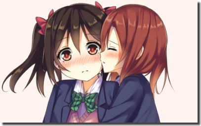 女同士で唇やほっぺにチューしてる二次元百合キスエロ画像 ①