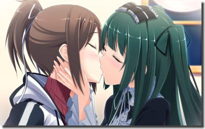 女同士で唇やほっぺにチューしてる二次元百合キスエロ画像 ②