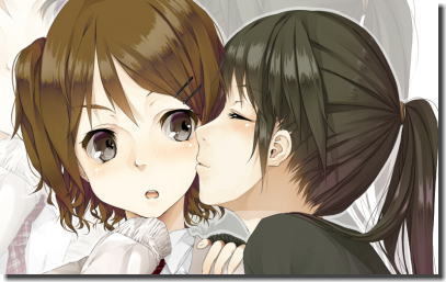 女同士で唇やほっぺにチューしてる二次元百合キスエロ画像 ③