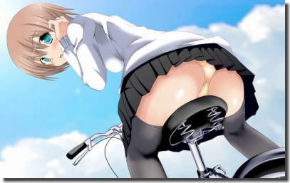 スカートで自転車に跨がりパンチラしてる二次元エロ画像 ①