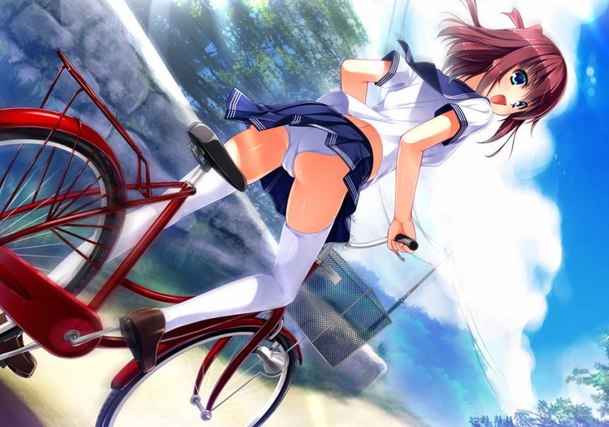 スカートで自転車に跨がりパンチラしてる二次元エロ画像