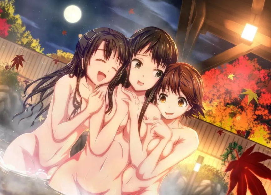 紅葉散る露天風呂が秋の終わりを告げる二次元温泉エロ画像