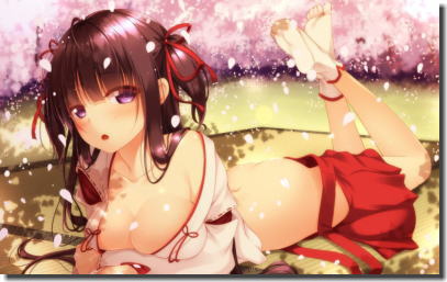 巫女さんの小袖や緋袴がはだけちゃってる二次元エロ画像 ②