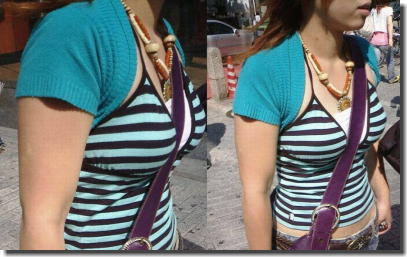 巨乳がパイスラでおっぱいに紐を食い込ませるエロ画像 ②