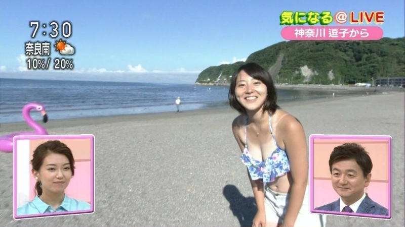 【画像・動画あり】NHKの巨乳アナが朝の番組で水着で谷間を見せつける