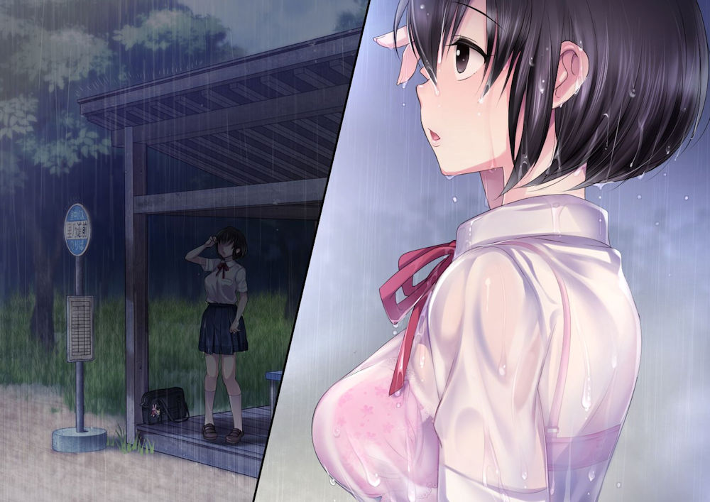 雨に濡れた透けブラJKの二次元エロ画像