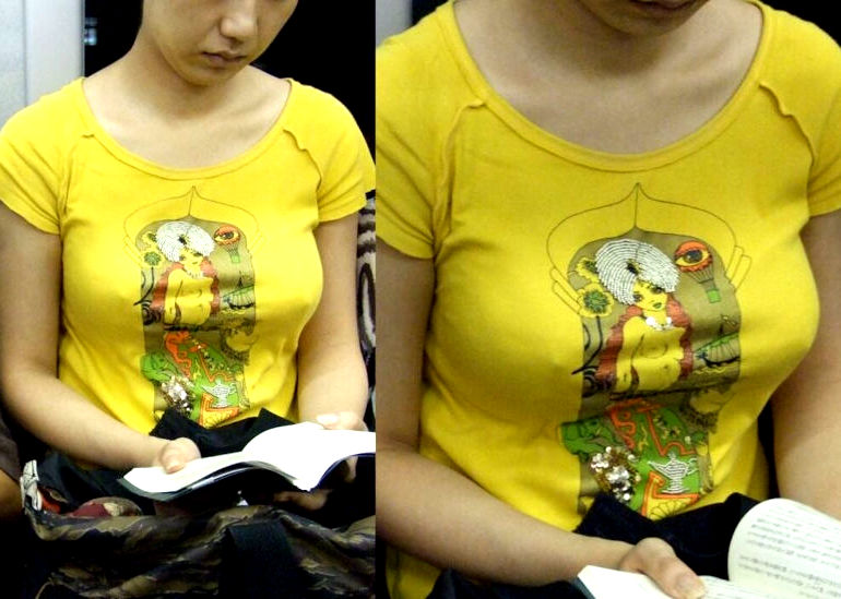 電車内にノーブラがいた透け乳首や乳首チラリのエロ画像