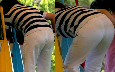 子連れでパンツの線が透ける透けパンママのエロ画像 ①