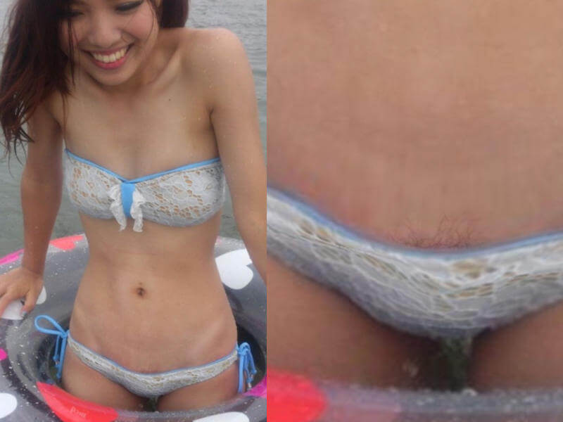水着女子の陰毛ハミ毛ハプニング画像 