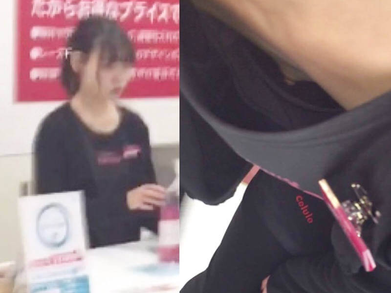 女性店員と乳首ポロリの胸チラ比較エロ画像 