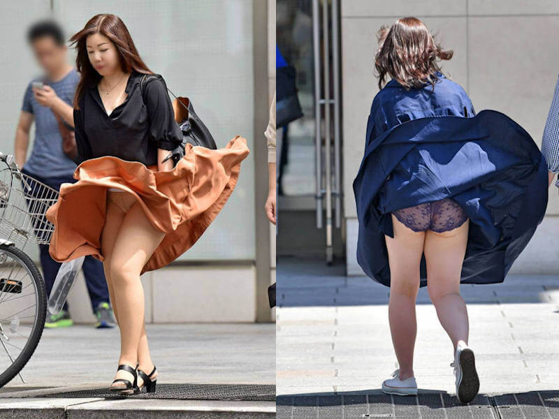 強風注意！ロングスカート風パンチラエロ画像