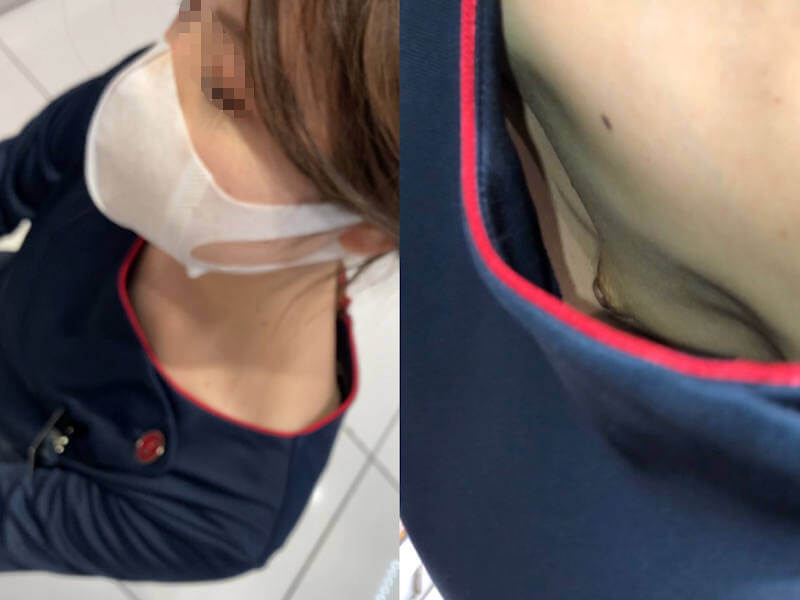 貧乳店員の浮きブラ接写エロ画像