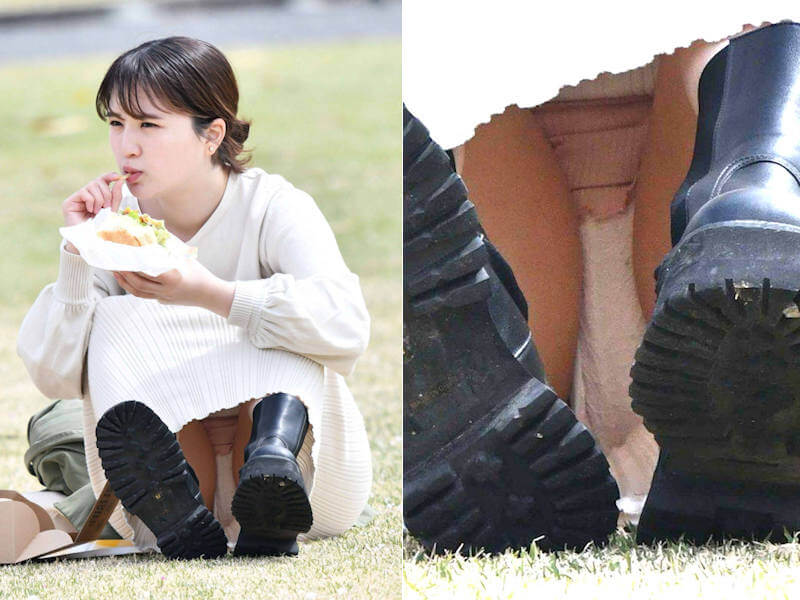 公園で食事中の座りパンチラエロ画像