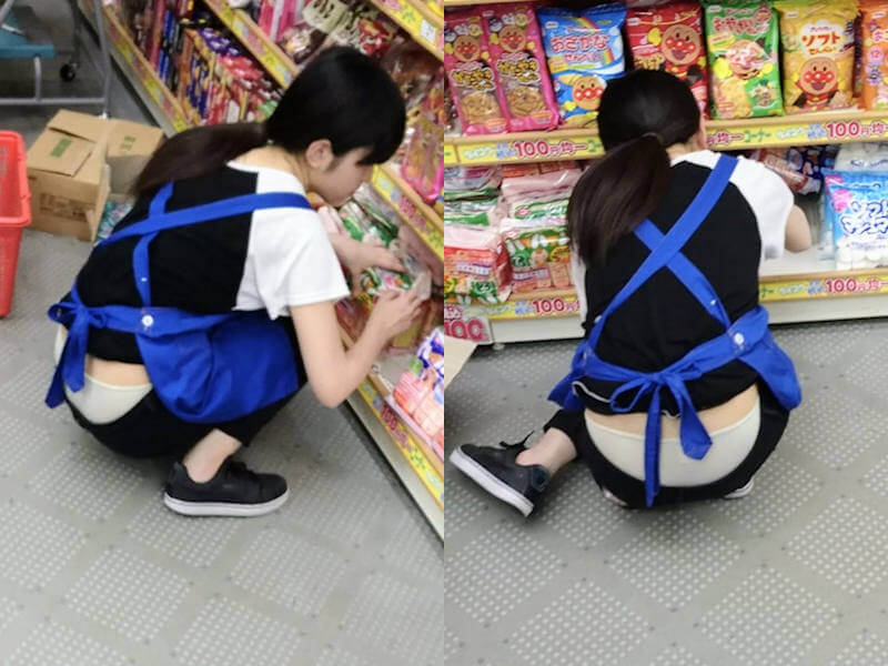 しゃがみ込むと腰パンチラするエロ画像