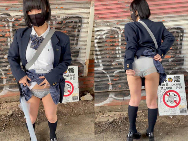 スカートたくし上げたパンチラJKのエロ画像