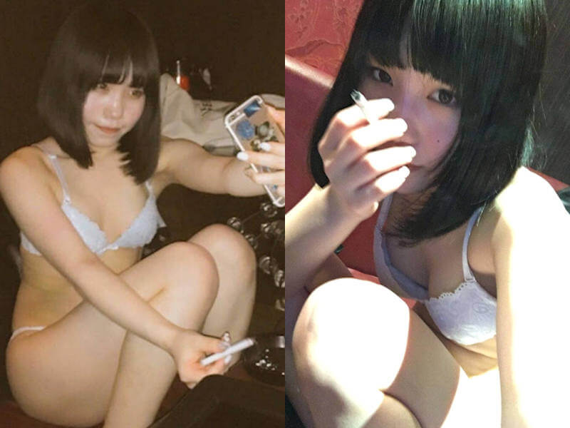 下着女子がタバコを吸う喫煙エロ画像