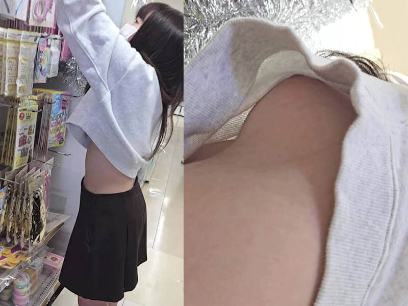 ノーブラ女子のローアングル胸チラエロ画像